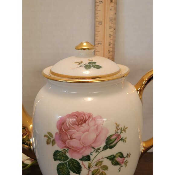 Vintage Kingwood China USA Rose Floral Coffee Teapot & Lid With Gold Trim 7" - Picture 7 of 8